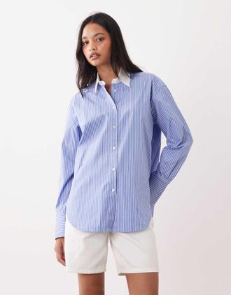 Arket Camicia in puro cotone a righe blu e bianche con polsini a contrasto