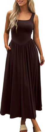 Generic Womens Sleeveless Square Neck Maxi Dress, Flowy A Line Pleated Dresses with Pockets, Casual Solid Color Long Dress for Daily & Summer Wear Brown