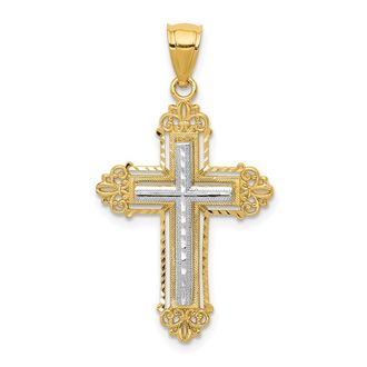 Diamond2Deal 14k Two-tone Gold Fleur De Lis Cross Pendant
