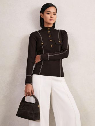 Reiss Burgundy Contrast-stitch Knit Top, XS