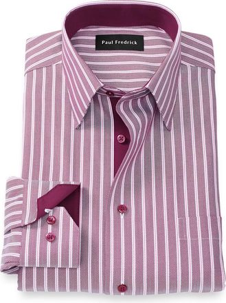 Paul Fredrick Tailored Fit Comfort Stretch Non-iron Stripe Dress Shirt With Contrast Trim