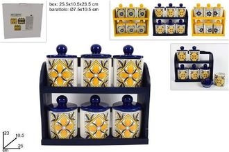 Trade Shop Trade Shop - Set 6 Pz Barattoli In Ceramica Decorata Fantasia Decoro Maiolica Con Espositore