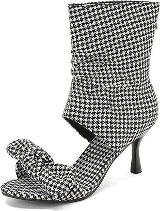 Generic Womens Bowknot Decor Open Toe Summer Sandals Wrap Ankle Zip Up Stiletto Heel Pumps Shoes for Casual and Party (7.5,Black&White)