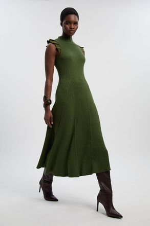 Karen Millen Womens Pointelle Frill Sleeve Knit Midi Dress - Green Cotton - Size X-Small