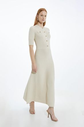Karen Millen Womens Rib Knit Military Trim Maxi Dress - Cream Polyamide - Size X-Small