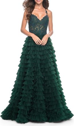 La Femme Ruffle Tulle Gown with Illusion Lace Bodice in Dark Emerald at Nordstrom, Size 6