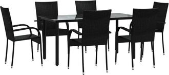 vidaXL 7 Piece Garden Dining Set Black Poly Rattan Vidaxl