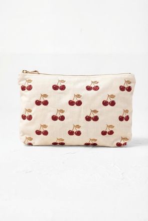 Elizabeth Scarlett Cherries Velvet Everyday Pouch in Cream at Nordstrom