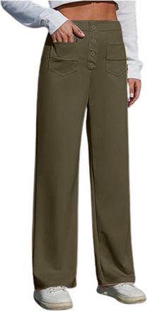 Generic Womens Work Trousers High Elastic Waisted Trousers for Women UK Straight Wide Leg Lounge Pants Ladies Button Down Casual Trouser with Pockets Daily Ve