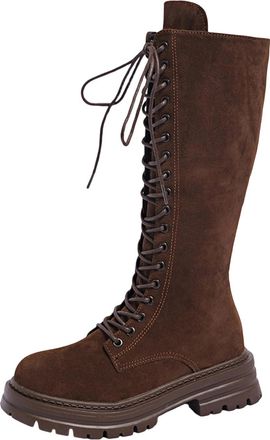 Generic Knee High Boots for Women Suede Leather Ladies Military Combat Boots with Lace Up Low Chunky Heel Fall Winter Comfortable Non Slip Waterproof Shoes Mi