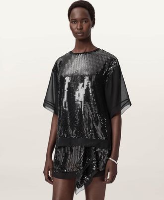 AllSaints Polyester Fonsie Embellished T-Shirt, Size: UK 10/US 6