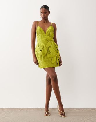 Asos Vestito corto con spalline sottili e fiori 3D color lime-Verde