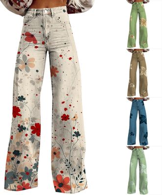 Generic Wide Leg Jeans for Women Lightweight Loose Fit Casual Colorful Trouser Imitation Jeans High Waist Patterned Pants Woman Wide Leg Pants