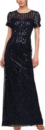 JS Collections Ivetta Sequin Stripe Illusion Neck Column Gown in Navy at Nordstrom, Size 18