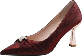 Generic Qynthra Womens Satin Court Shoes Pearl Bow Detail Square Slim Heel Slip-On Pointed Toe Pumps Wide Fit 6CM/8CM Mid Heel Dress Shoes for Office & Weddin