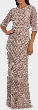 Mac Duggal Pearly-Embellished Beaded Mesh Gown