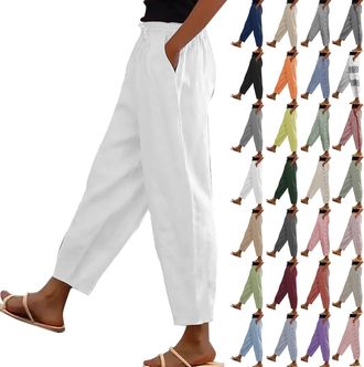 Generic Wide Leg Linen Trousers for Women UK, Womens Ladies Summer Cotton Trouser Cropped Casual Beach Pull On Plus Size High Waist Straight Bottoms Lounge Ca