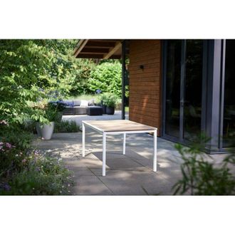 Dmora Dmora - Mesa De Jard&iacute;n Sarnia, Base De Picnic, Mesa De Comedor De Jard&iacute;n, Banco Multiusos Para Exterior, 159x95 H75 Cm, Roble Y Blanco