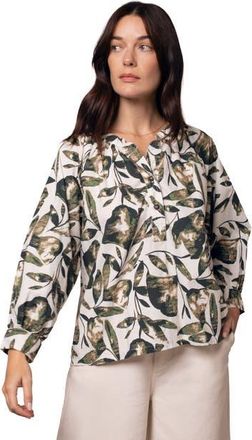 Celtic & Co. Relaxed Cotton Printed V-Neck Blouse in Chalk /Khaki Leaf at Nordstrom, Size 10