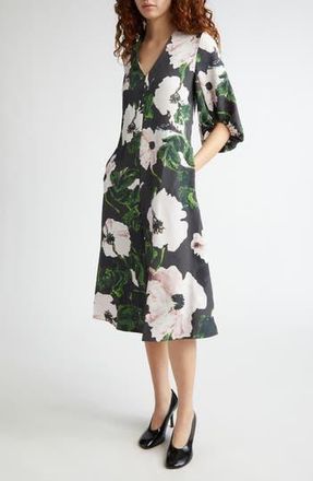 Stine Goya Floral Print Puff Sleeve Midi Dress in Umber Windflower at Nordstrom Rack, Size X-Large