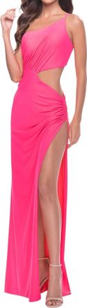 La Femme One Shoulder Side Cut Out Prom Dress In Neon Pink