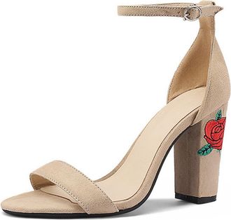 Generic Womens Open Toe Wedding Sandals Faux Suede Bridal Shoes with Embroidery Block High Heel Evening Party Prom Pumps,Apricot,6.5 UK