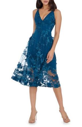 Dress The Population Audrey Embroidered Fit & Flare Dress in Peacock Blue at Nordstrom Rack, Size Small