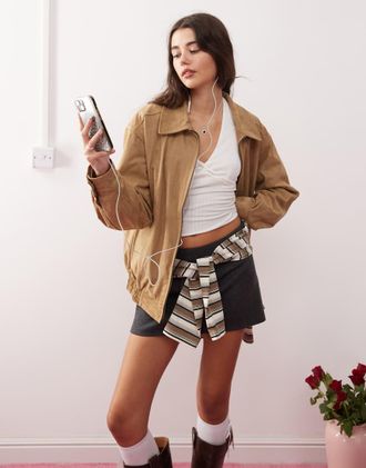 Motel cavita faux suede longline bomber jacket in tan-Brown