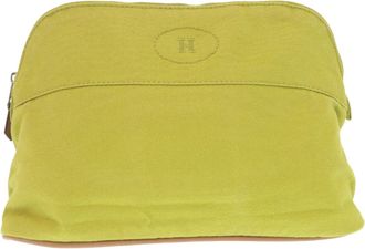 Herm&egrave;s Light Green Yellow Cotton Canvas Leather Pouch (Pre-Owned)