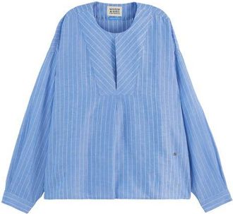 Scotch & Soda Stripe Bib Cotton & Linen Top in Blue And White Pin Stripe at Nordstrom, Size 10 Us