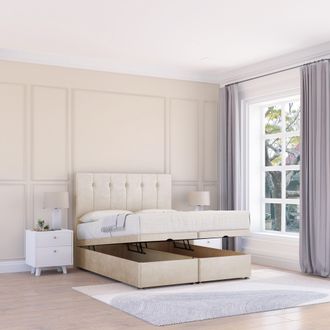 Sloomy Highbury Plush Fabric Ottoman Bed End Opening With Sprung Memory Mattress & 26 Inch strut Headboard in Cream | Size: King