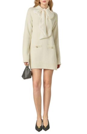 English Factory Detachable Bow Long Sleeve Sweater Minidress in Cream at Nordstrom, Size X-Small