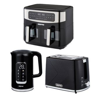 Geepas 1.7L Digital Electric Kettle 2 Slice Bread Toaster & 9L Dual Zone Air Fryer Kitchen Combo Set in Black