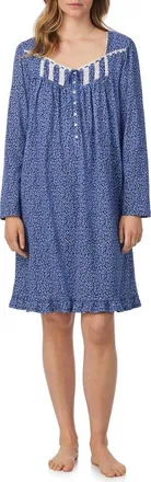 Eileen West Long Sleeve Cotton Jersey Short Nightgown in Blu/Flor at Nordstrom, Size X-Large