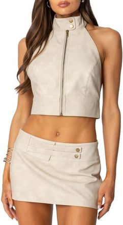 Edikted Karly Open Back Faux Leather Halter Top in Beige at Nordstrom, Size X-Small