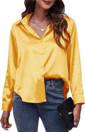 Feoya Long Sleeve Satin Shirt for Women Elegant V-Neck Tops Blouse Office Business L Yellow