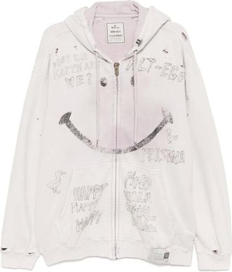 Miharayasuhiro Felpa con stampa smiley, zip ed effetto candeggiato - Rosa