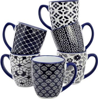 Elama Flyn 6 Piece 16 Ounce Assorted Design Stoneware Mug Set in Blue at Nordstrom