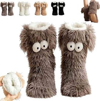 Generic Cozy Socks for Women, Winter Warm Fuzzy Non-Slip Slipper Socks with Cute Big Eyes, Thick Plush Winter Home Socks, Soft Warm Floor Socks (Gray)