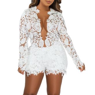 Generic Border European and Fashion Womens Clothing Hollow Solid Color Shirt Long Sleeved Shorts Two Piece Set Long Swim Shorts Two Piece Bathing Suits for Wo