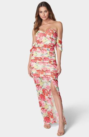 Bebe Womens Printed Off Shoulder Mesh Dress