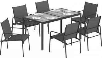 OUTSUNNY Conjunto De Mesa Y Sillas Jard&iacute;n De 7 Piezas Con Mesa De Efecto Madera, 6 Sillas Con Asiento Transpirable, Marco De Acero Galvanizado, Negro
