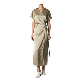 Roberto Collina Zijden wikkeljurk militaire stijl - Dames - Wikkelkleedje - Groen - S - Kleedjes