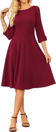Grace Karin Women Elegant Work Flared A-Line Midi Dresses Boat Neck Office Dress for Party Outfits Burgundy 2XL