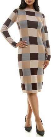 Nina Leonard Jacquard Long Sleeve Sweater Dress in Brown/Tan Multi at Nordstrom Rack, Size X-Large