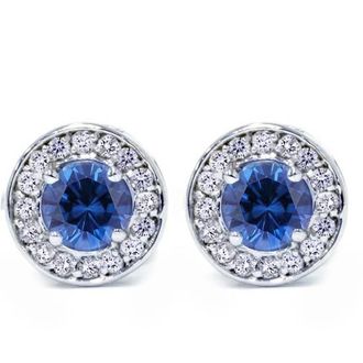 Pompeii3 5/8ct Halo Diamond Blue Sapphire Studs 14K White Gold