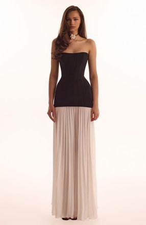 Milla Strapless Formal Occasion Maxi Dress with Pleated Skirt in Black & White in Black&white at Nordstrom, Size Medium