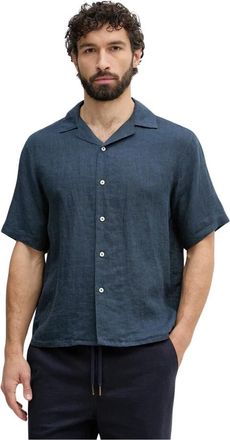 Benetton Linnen Korte Mouw Shirt - Heren - Korte mouwen Overhemden - Blauw - L - Linnen - Overhemden