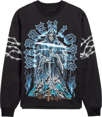 Warren Lotas Barbed Wire Long Sleeve Printed Cotton top - Black - S