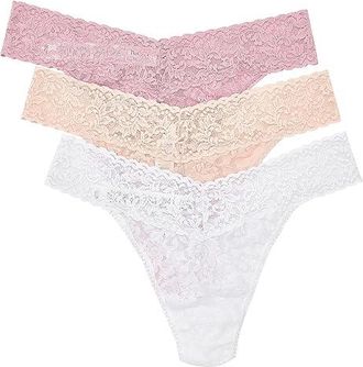 Hanky Panky Signature Lace(r) Original Rise Thongs 3-Pack Womens Underwear Meadow Rose Pink/Vanilla/White, Nylon